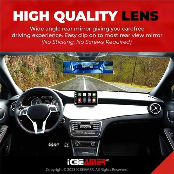 11.8 Inch Car Rearview Mirror, Panoramic Wide Angle, HD Blue Tint Glass,Interior - Picture 3 of 7